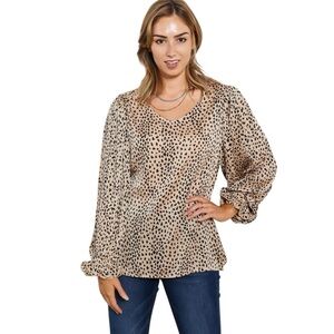 Oddi Leopard Print Pleated Long Sleeve Blouse